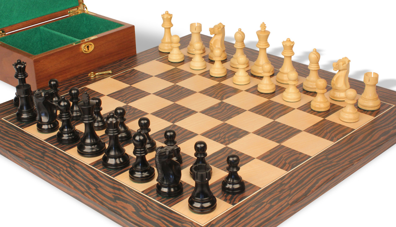 Fischer-Spassky Commemorative Chess Set Ebony & Boxwood Pieces with Deluxe  Tiger Ebony Board & Box - 3.75 King - The Chess Store