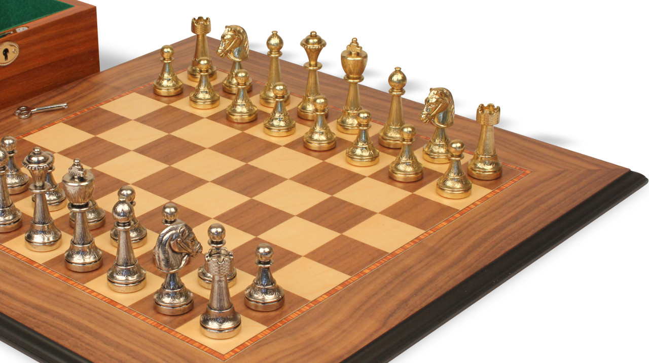 Medieval Style Metal Chess Set With Beautiful Leatherlike Box