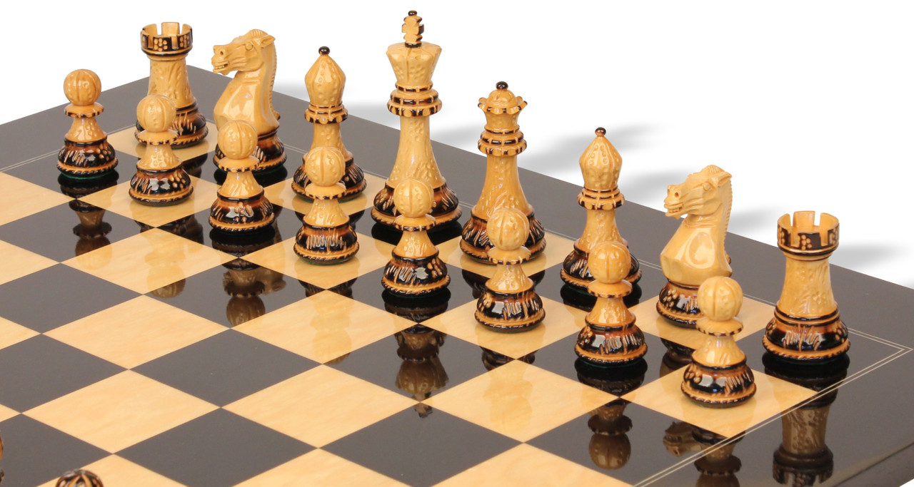 Decorative Staunton Silver & Black Anodized Chess Set with Brown Ash Burl  Board - 3.5 King - The Chess Store