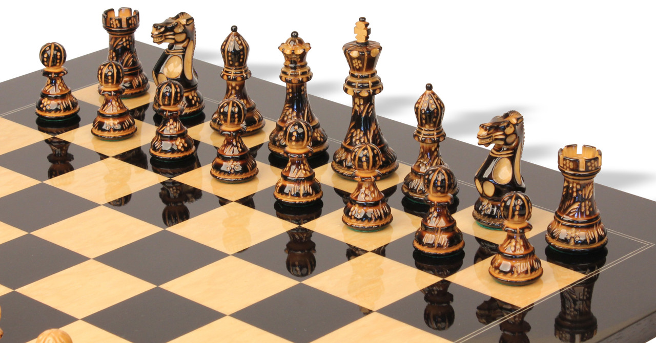 New Exclusive Staunton Chess Set Ebony & Boxwood Pieces with Black & Ash  Burl Chess Board & Box - 3 King - The Chess Store