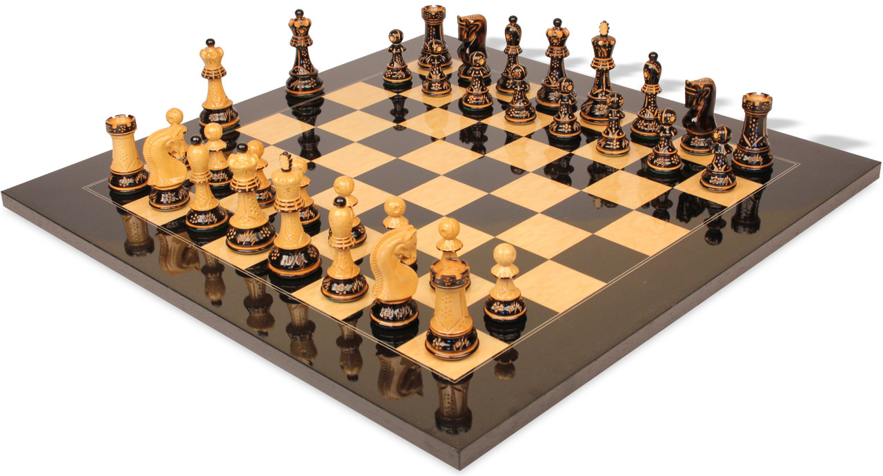 Zagreb Series Chess Set Decorative Burnt Boxwood Pieces with Black