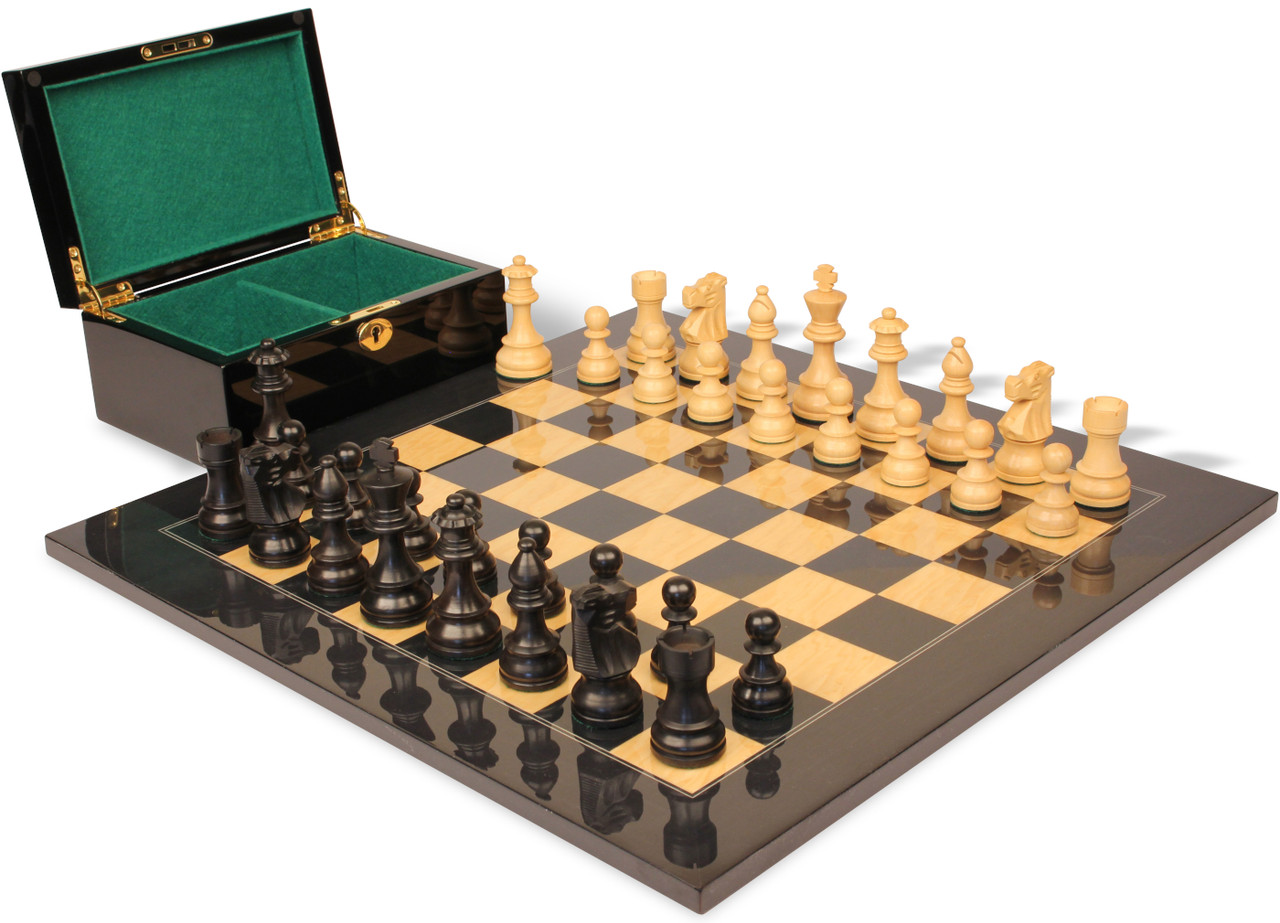 French Lardy Staunton Chess Set Ebonized & Boxwood Pieces with Black & Ash  Burl Board & Box - 3.75