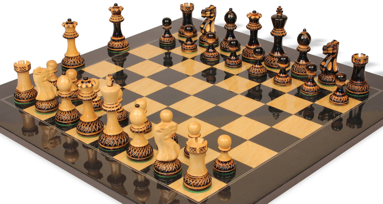 Parker Staunton Chess Set Burnt Boxwood Pieces with Black Ash Burl 