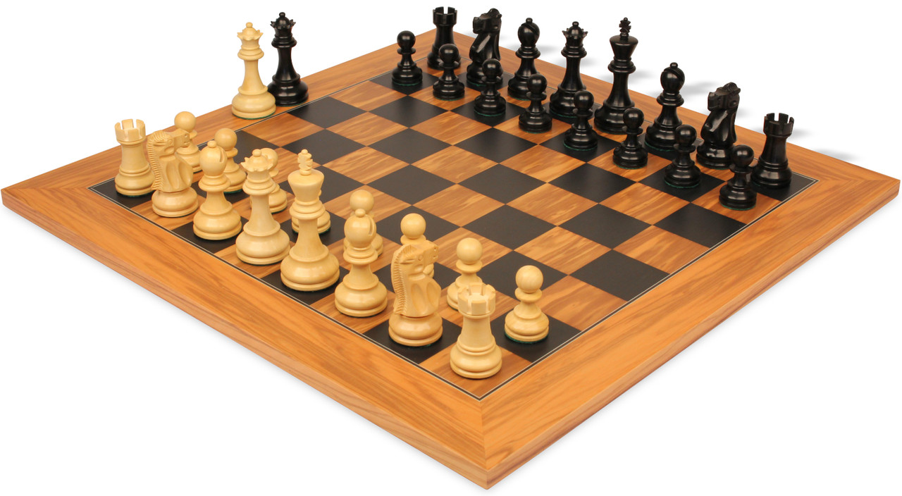 Deluxe Old Club Series Chess Set Ebony & Boxwood Pieces with Olive Wood &  Black Deluxe Board - 3.75 King