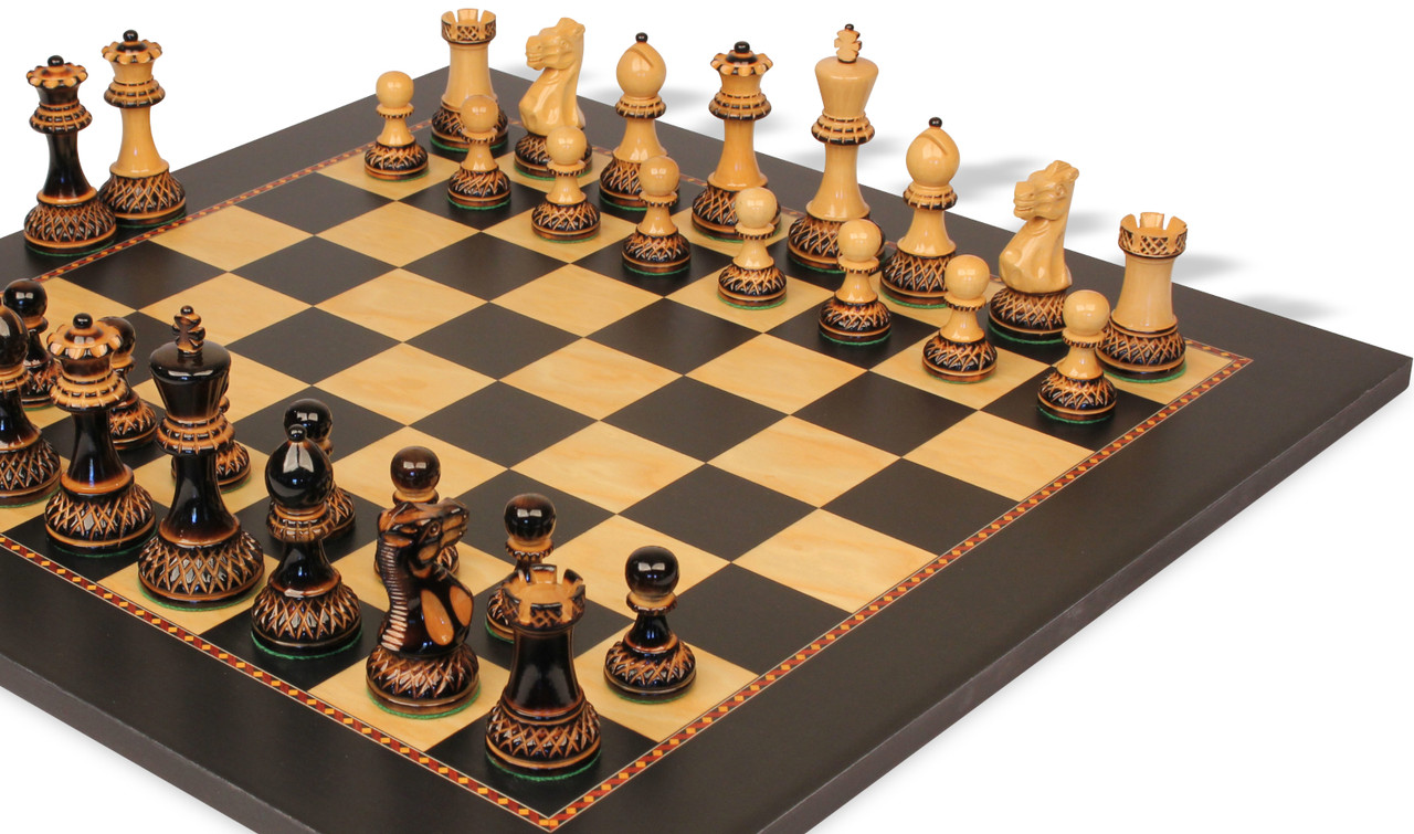 Parker Staunton Chess Set Burnt Boxwood Pieces with The Queen's