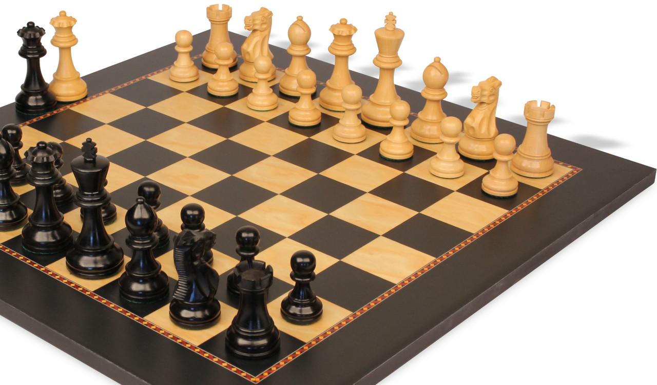 Parker Staunton Chess Set Ebonized & Boxwood Pieces with The Queen's Gambit  Chess Board- 3.75