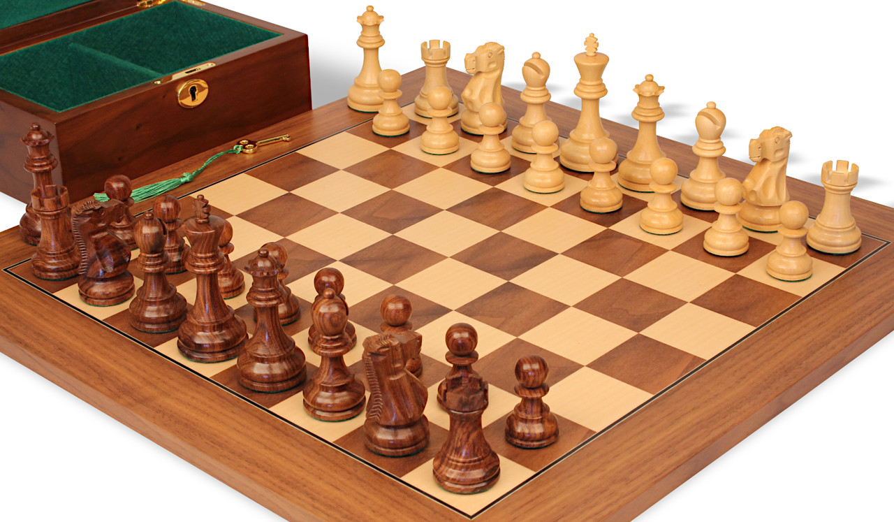 Deluxe Old Club Staunton Chess Set Golden Rosewood & Boxwood Pieces with  Walnut & Maple Deluxe Board & Box - 3.75