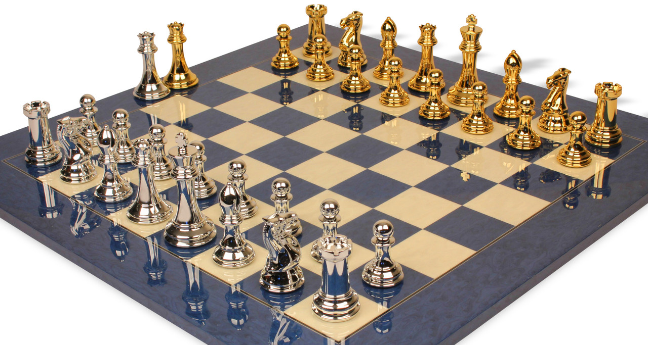 Analysis Chess Set - 12” Blue Vinyl Chess Board – 32 Black & Natural Pieces