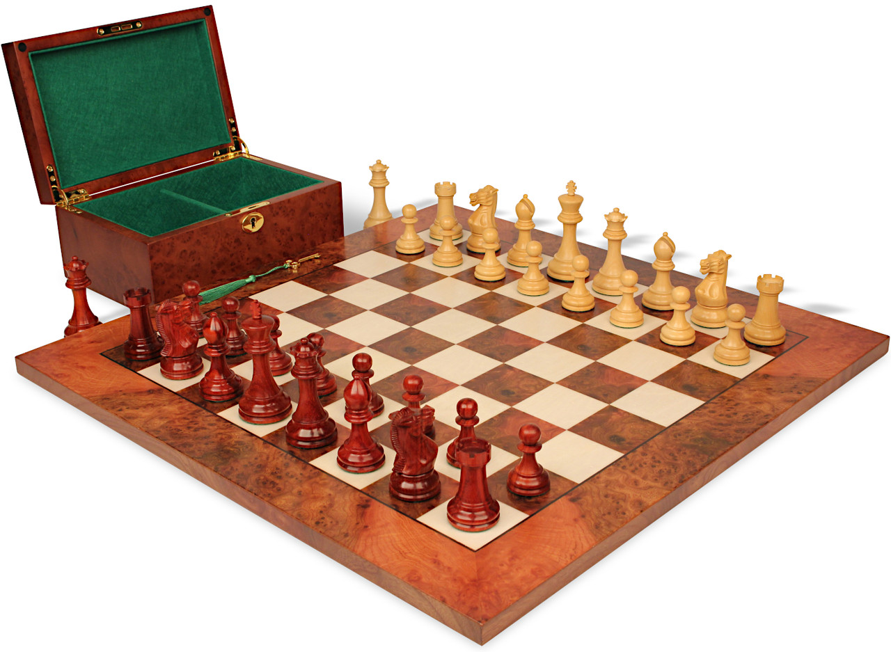 Old English Classic Chess Set Padauk & Boxwood Pieces with Elm Burl &  Erable Board & Box - 3.9 King