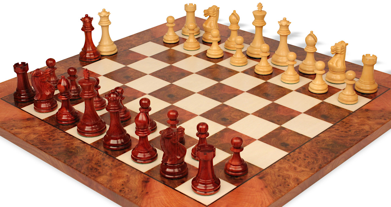 Old English Classic Chess Set Padauk & Boxwood Pieces with Elm Burl &  Erable Board & Box - 3.9 King