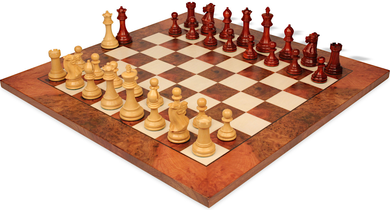 Old English Classic Chess Set Padauk & Boxwood Pieces with Elm Burl &  Erable Board & Box - 3.9 King