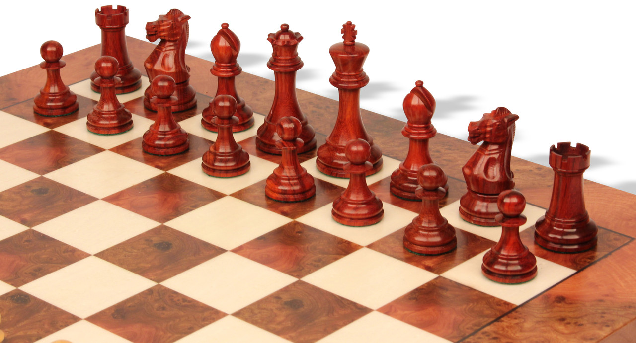 Old English Classic Chess Set Padauk & Boxwood Pieces with Elm Burl &  Erable Board & Box - 3.9 King