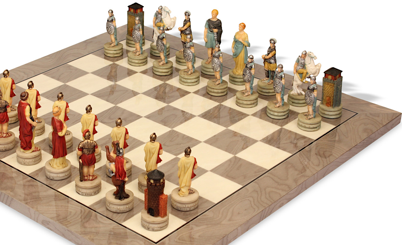 Rome & Greece Theme Chess Set with Classic Walnut & Maple Chess Board