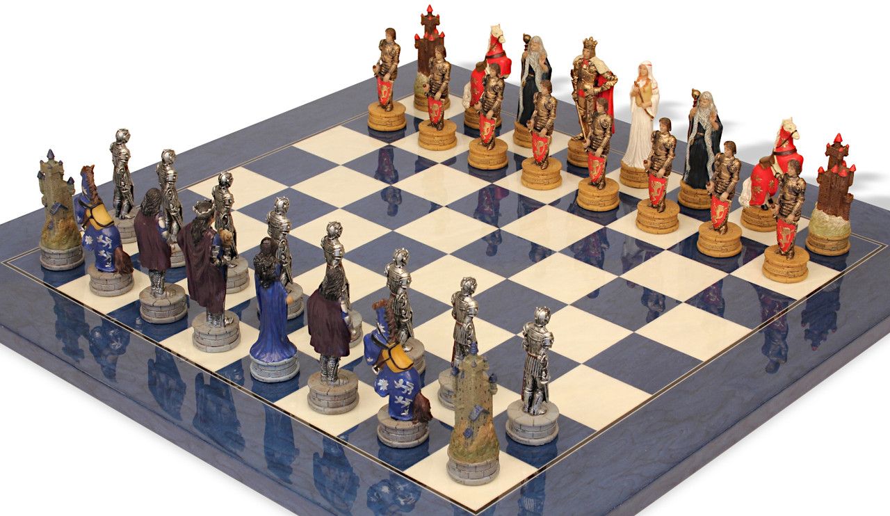 Legend of King Arthur Theme Chess Set with Blue & Erable High Gloss Deluxe  Board