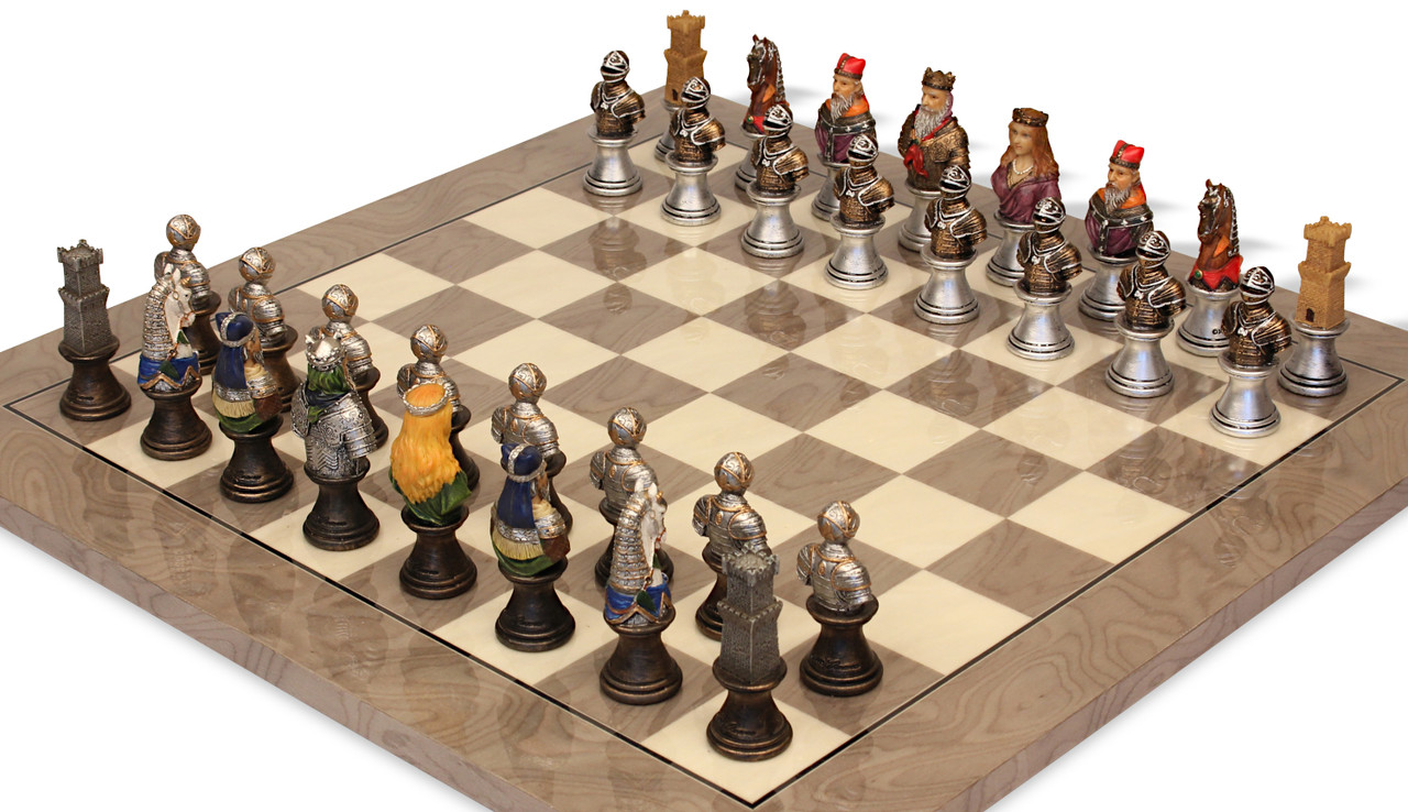Medieval Bust Theme Chess Set with Classic Walnut & Maple Chess Board