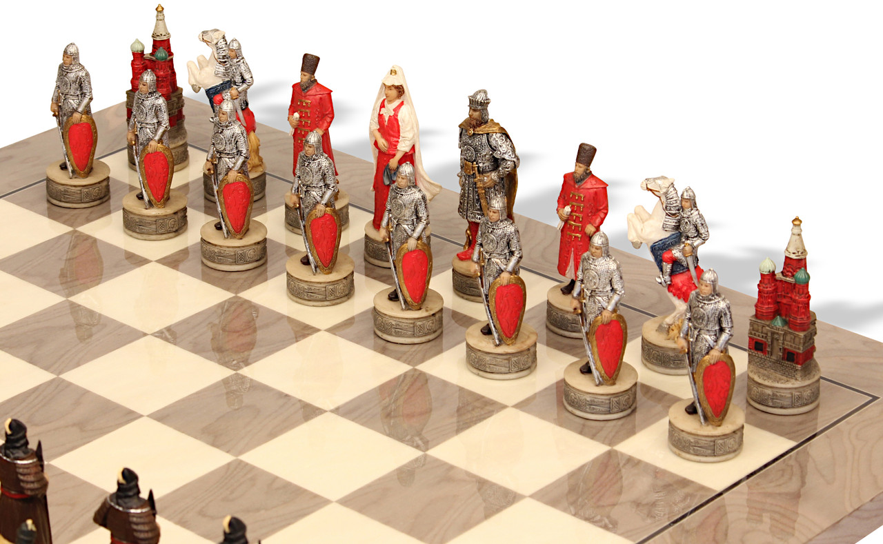 Russians & Mongols Theme Chess Set with Classic Walnut & Maple