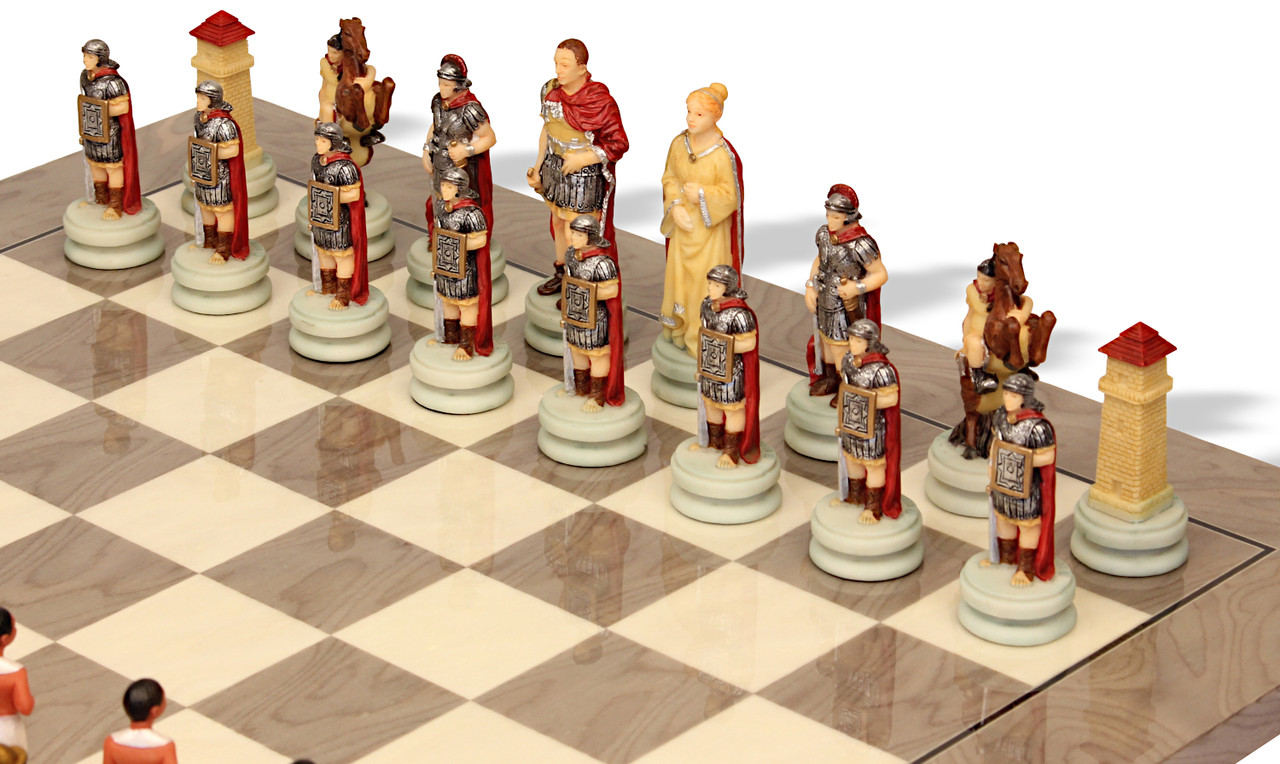 Rome vs Egypt Theme Chess Set with Gray & Erable High Gloss Deluxe Board