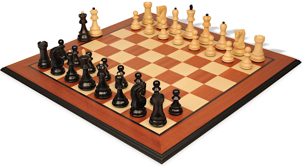 Zagreb Series Chess Set Ebony & Boxwood Pieces with Mahogany & Maple Molded  Edge Board - 3.875