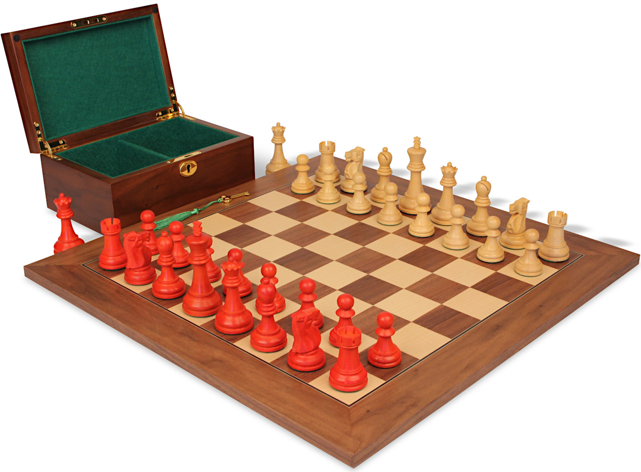 Reykjavik Series Chess Set Crimson & Boxwood Pieces with Walnut