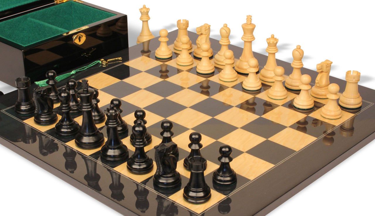 Reykjavik Series Chess Set Ebony & Boxwood Pieces with Black & Ash Burl  Board & Box- 3.75