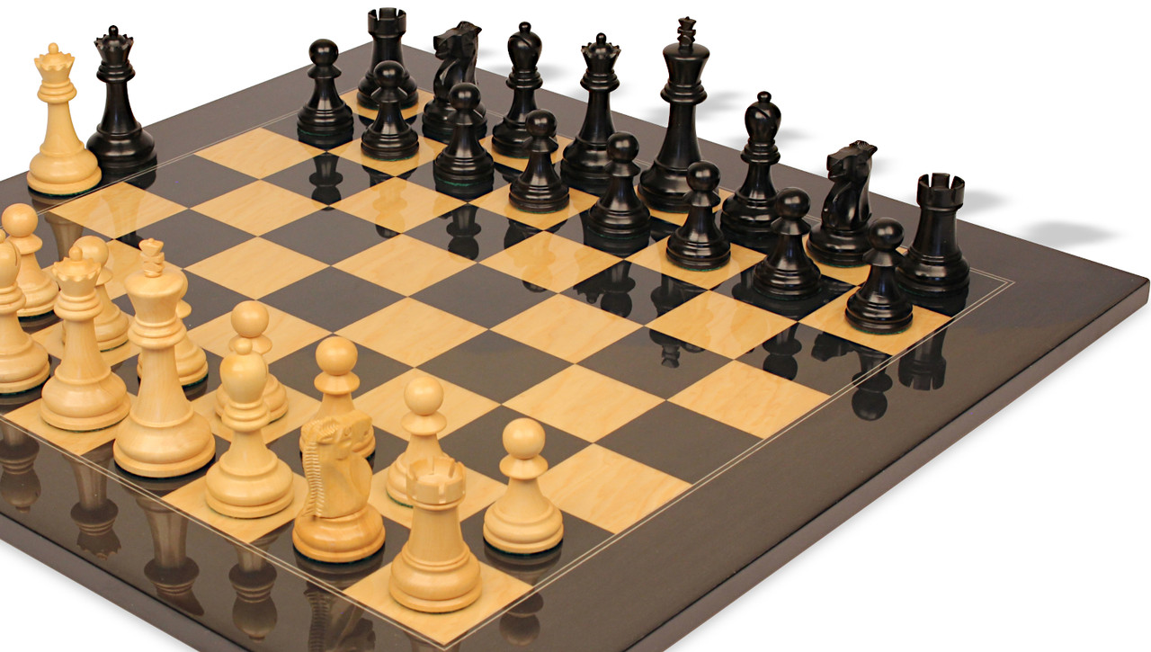 Reykjavik Series Chess Set Ebony & Boxwood Pieces with Black & Ash Burl  Board & Box- 3.75