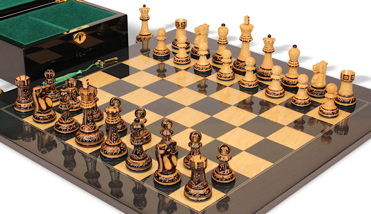 Reykjavik Series Chess Set Burnt Boxwood Pieces with Black & Ash