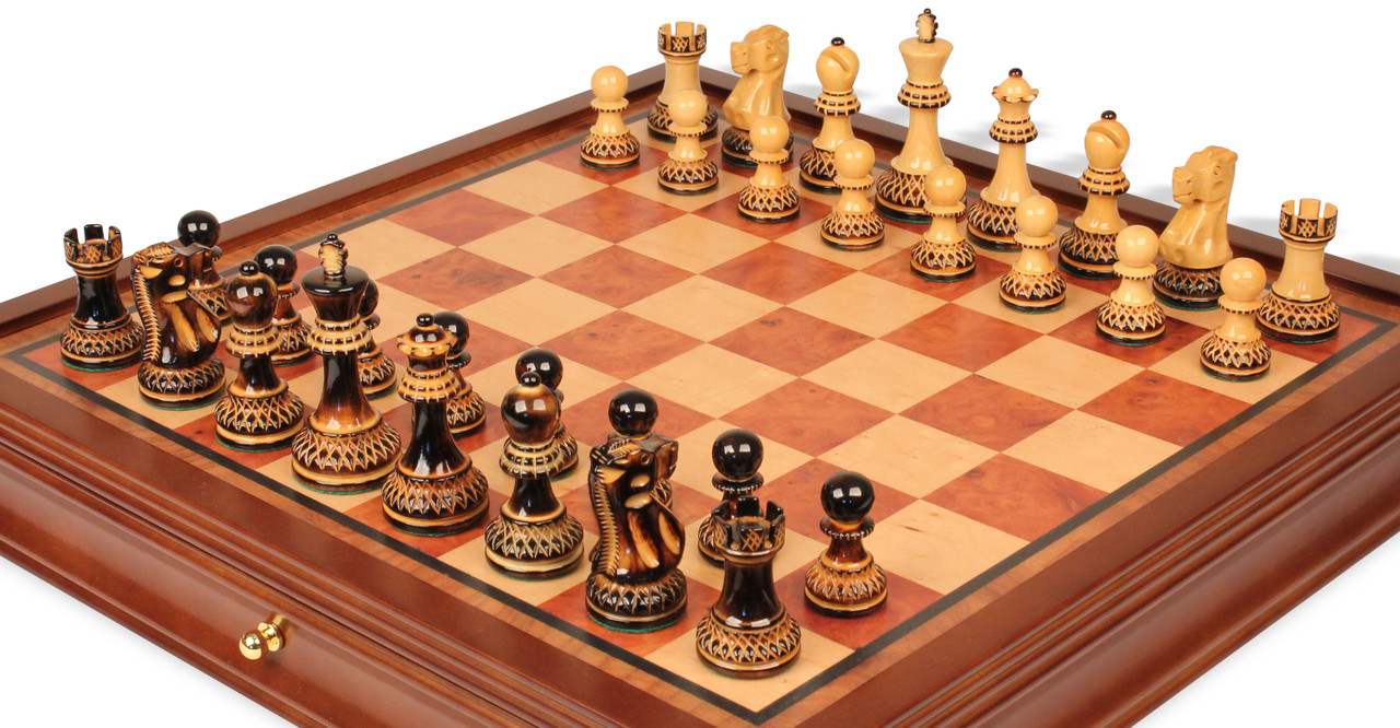 Deluxe Old Club Staunton Chess Set Burnt Boxwood Pieces with