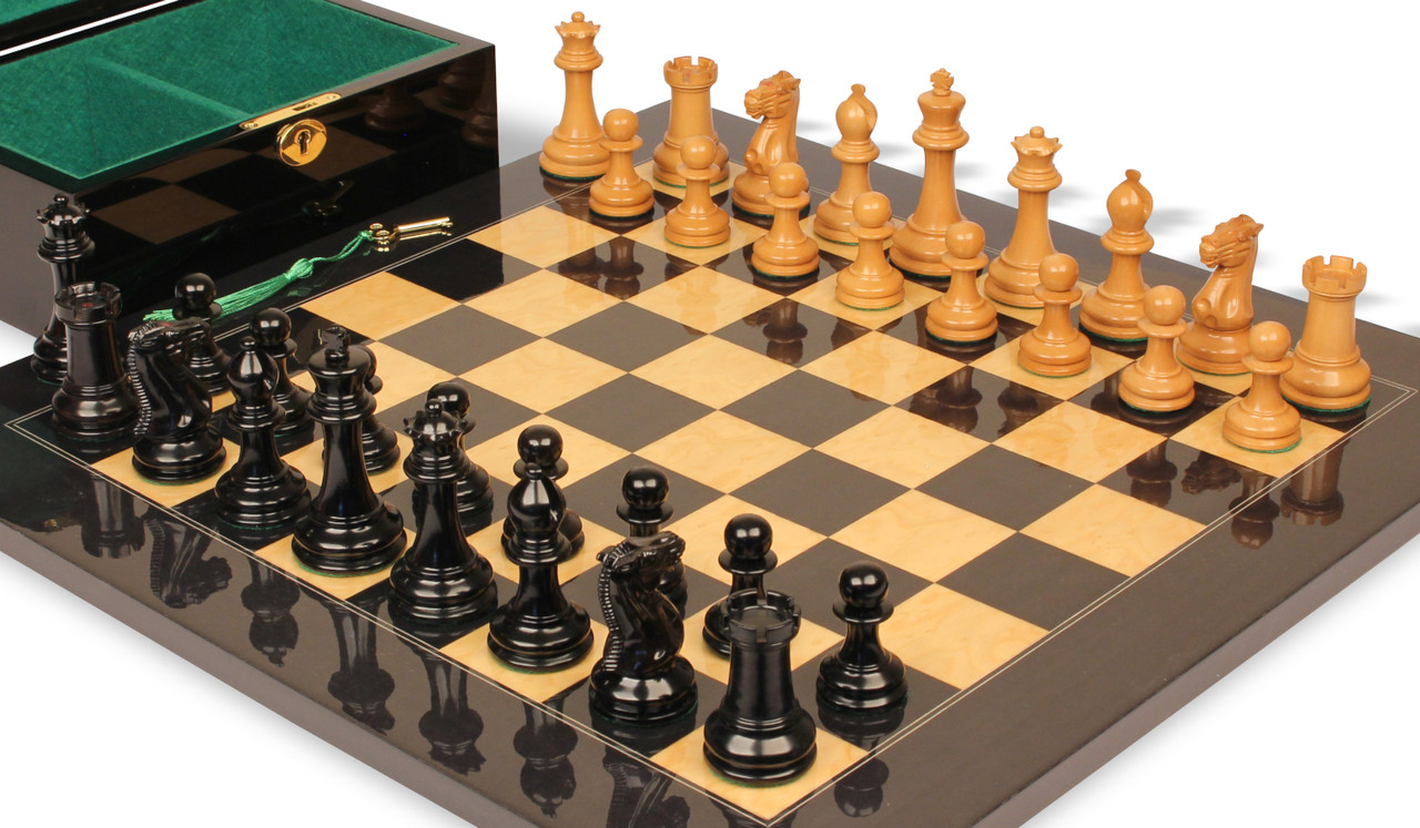 1849 Heirloom Staunton Chess Set Ebony & Aged Boxwood Pieces with Black &  Ash Burl Chess Board & Box - 3.5