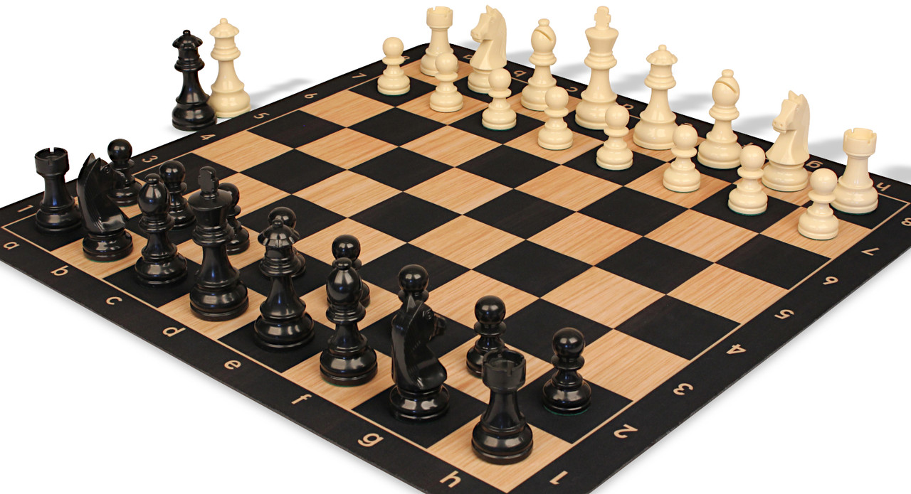 German Knight Plastic Chess Set Black & Aged Ivory Pieces with