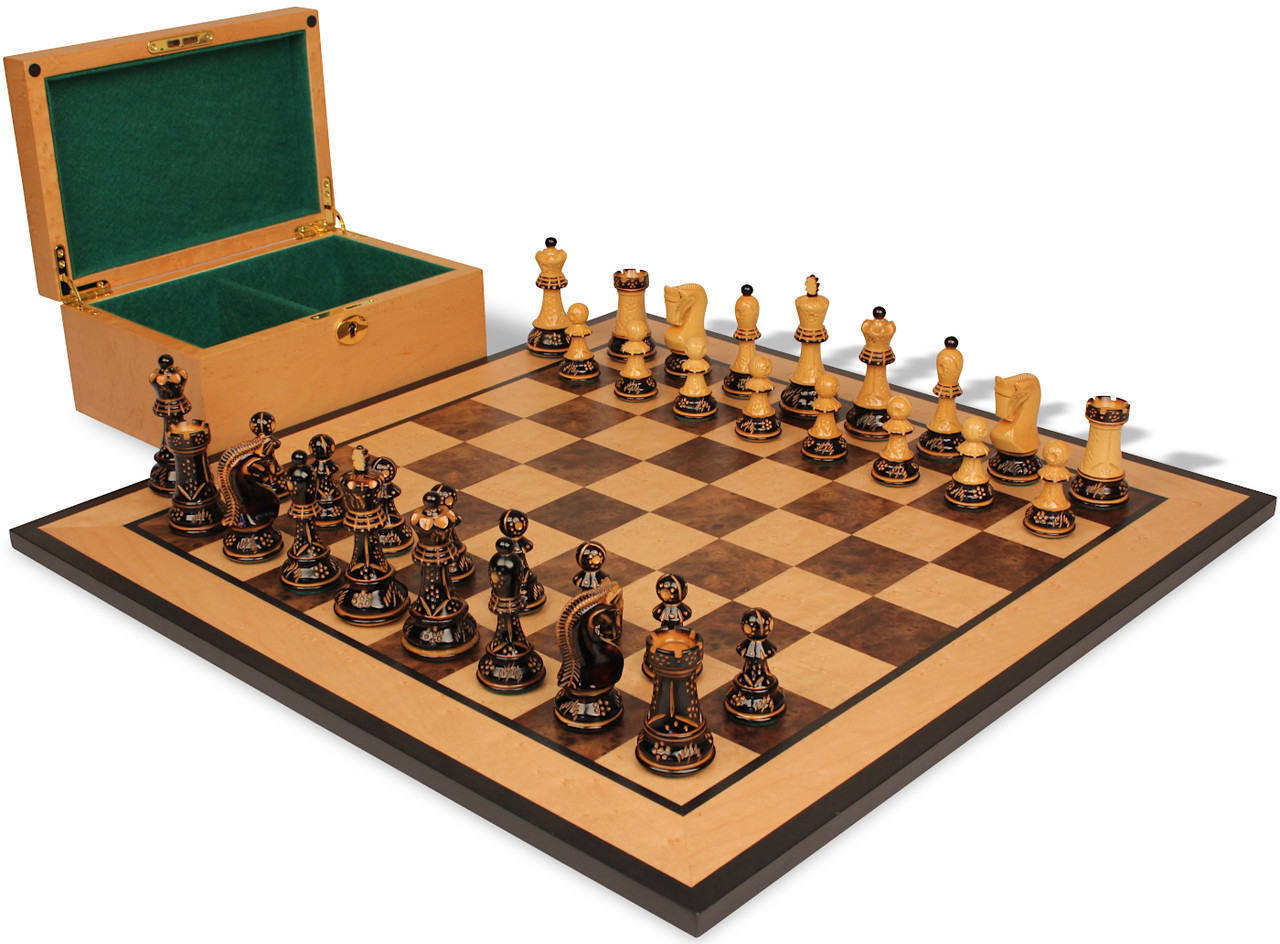 Zagreb Series Chess Set Decorative Burnt Boxwood Pieces with