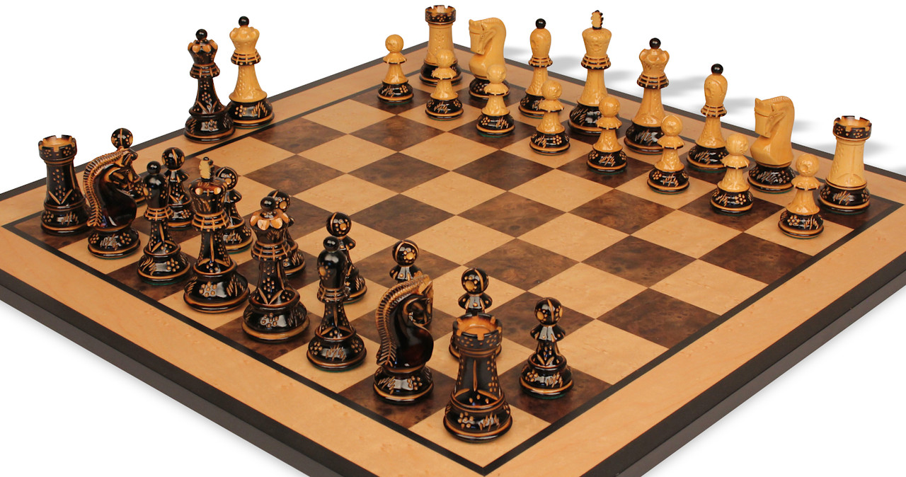 Zagreb Series Chess Set Decorative Burnt Boxwood Pieces with