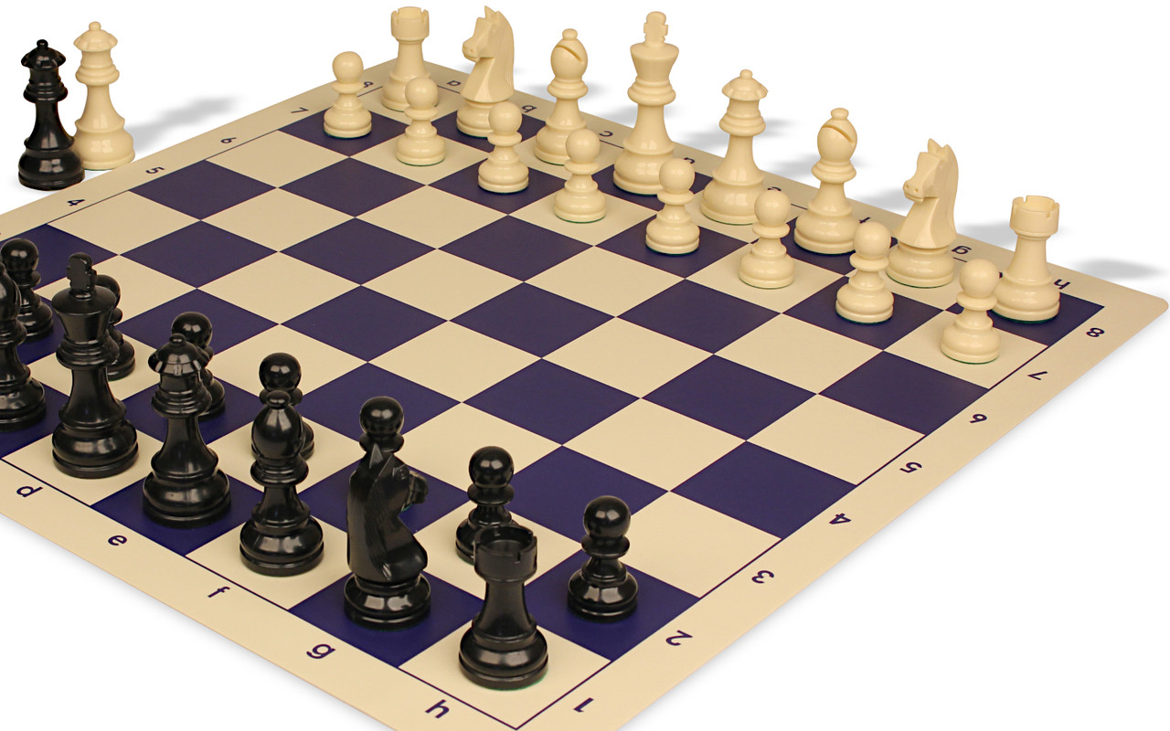 German Knight Plastic Chess Set - Black & Ivory Pieces with Vinyl