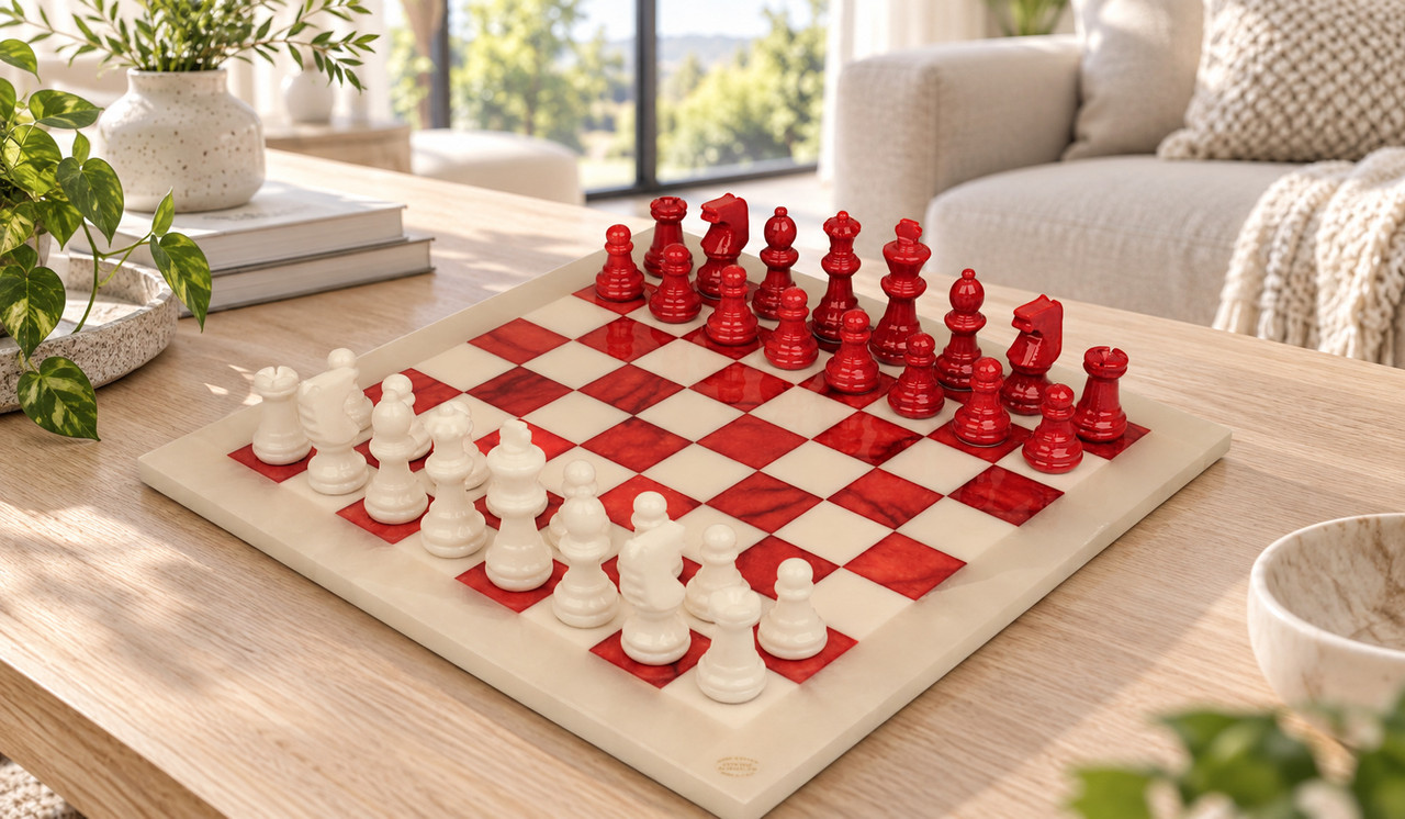 Scali Alabaster Chess Set - Red & White - 15