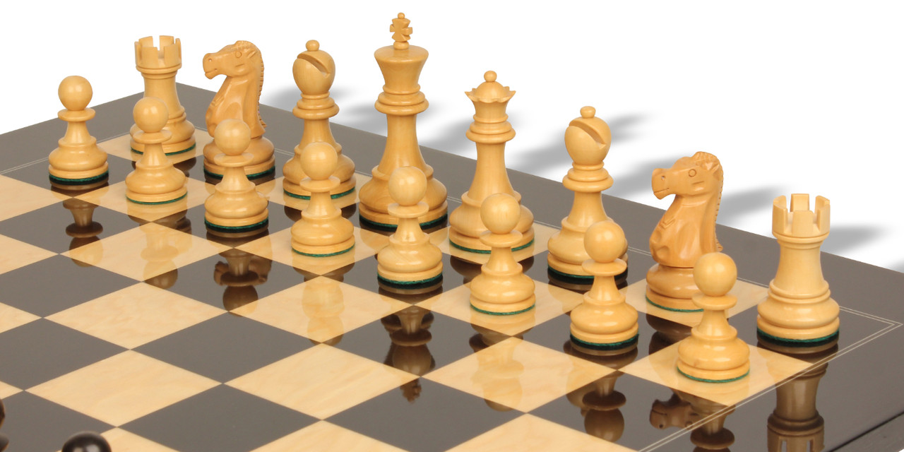 Deluxe Old Club Staunton Chess Set Ebony Boxwood Pieces with Black & Bird's-Eye Maple Chess Case - 3.25 King