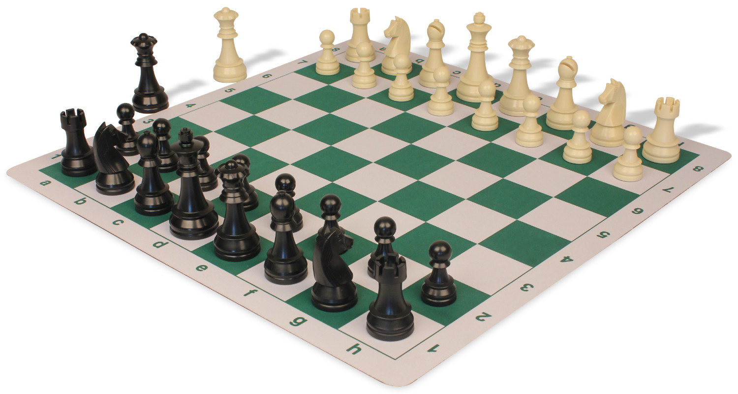 German Knight Plastic Chess Set Black &amp; Aged Ivory Pieces with Floppy ...