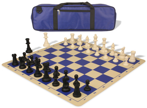 Large Carry All Standard Club Silicone Chess Set Black & Ivory Pieces - Royal Blue