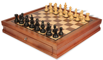 Fierce Knight Staunton Chess Set Ebonized & Boxwood Pieces With Walnut Chess Case - 3" King