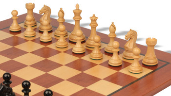 Fierce Knight Staunton Chess Set Ebonized & Boxwood Pieces with Classic Mahogany Board - 3.5" King