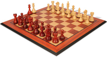 Fierce Knight Staunton Chess Set Padauk & Boxwood Pieces with Padauk & Birds Eye Maple Molded Edge Board - 4" King