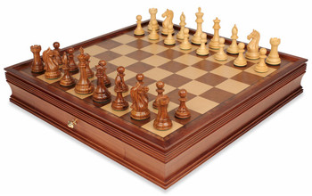 Fierce Knight Staunton Chess Set In Golden Rosewood & Boxwood With Walnut Chess Case - 4" King