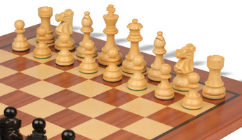 French Lardy Staunton Chess Set Ebonized & Boxwood Pieces With Classic Mahogany Chess Board - 2.75" King