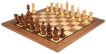 French Lardy Staunton Chess Set Golden Rosewood & Boxwood Pieces with Classic Walnut Board - 3.25" King