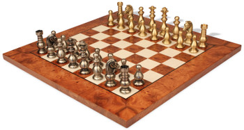 Classic French Staunton Brass Chess Set with Elm Burl Chess Board