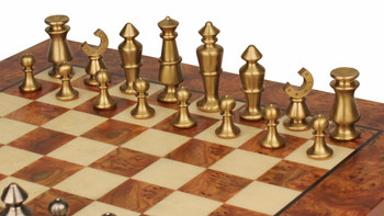 Contemporary Solid Brass Chess Set with Elm Burl Chess Board