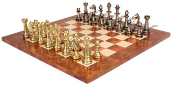 Large Staunton Metal Chess Set With Elm Burl Chess Board