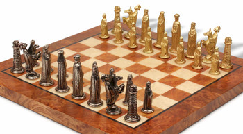 Small Medieval Theme Metal Chess Set With Elm Burl Chess Board