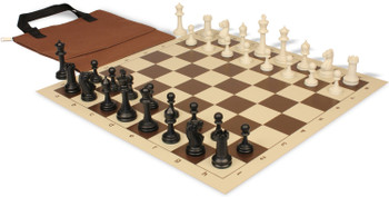 Master Series Easy-Carry Plastic Chess Set Black & Ivory Pieces with Vinyl Rollup Board - Brown