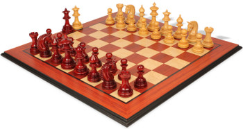 Patton Staunton Chess Set Padauk & Boxwood Pieces with Padauk & Birds-Eye Maple Molded Edge Board - 4.25" King