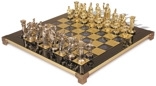 Romans Theme Chess Set with Brass & Nickel Pieces - Blue Board