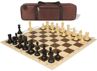 Conqueror Carry-All Plastic Chess Set Black & Camel Pieces with Vinyl Rollup Board - Brown